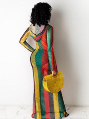 One Piece Multicolor Stripe Fishnet Cover Up Maxi Dresses Newgew