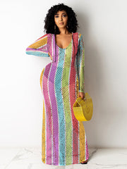 One Piece Multicolor Stripe Fishnet Cover Up Maxi Dresses Newgew
