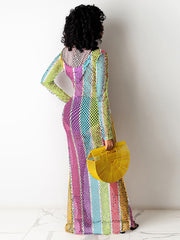One Piece Multicolor Stripe Fishnet Cover Up Maxi Dresses Newgew