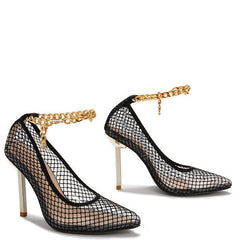 Transparent Net Pointed Toe Chain Fine High Heels Newgew