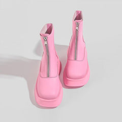 Round Toe Zip Cowhide Short Martin Boots Zipper Heeled Boots Newgew