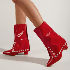 Pointed Toe Thick Heel Red Pearl Boots Newgew