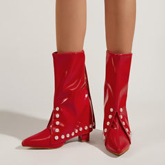 Pointed Toe Thick Heel Red Pearl Boots Newgew