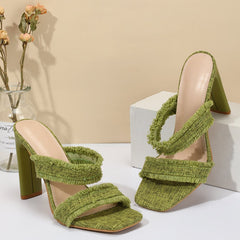 Chunky Heel Denim Fringed Strap Stylish Sandals Newgew