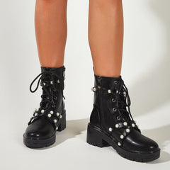 British Style Thick Heel Pearl Boots Newgew