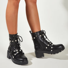 British Style Thick Heel Pearl Boots Newgew