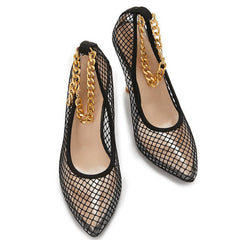 Transparent Net Pointed Toe Chain Fine High Heels Newgew