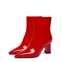 Millie's Pointed Toe Chunky Heel Patent Leather Short Boots Newgew