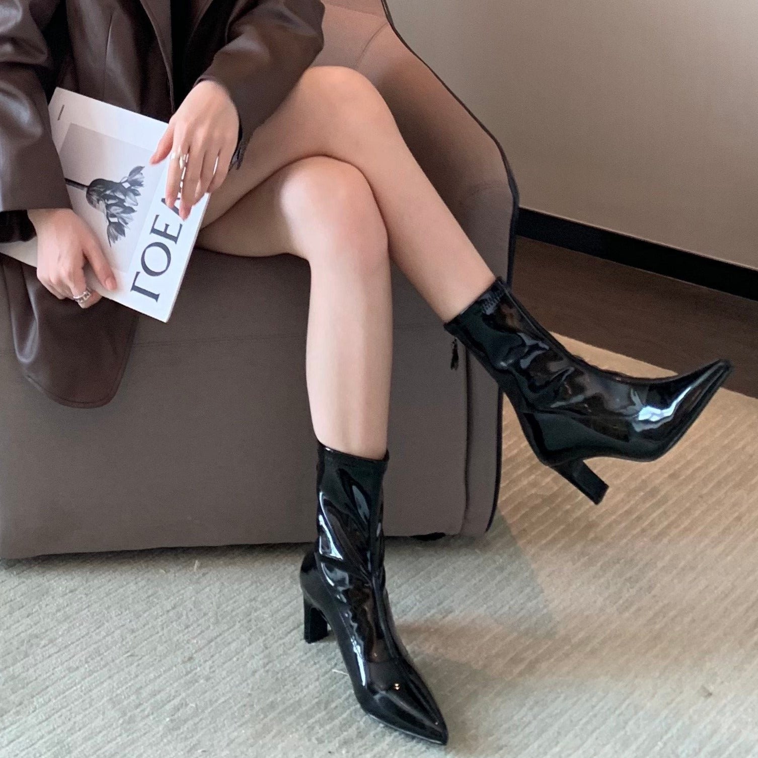 Patent Leather Pointed Toe Mid-thigh High Heel Boots Newgew