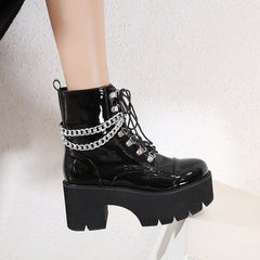 Thick-soled Patent Leather Chain Elements Lace-up Padded Boots Newgew