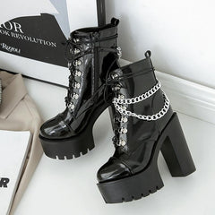 Halloween High Heeled Waterproof Platform Patent Leather Chain Boots Newgew