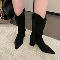 Chunky Heeled Pointed Toe Mid-calf Boots Newgew