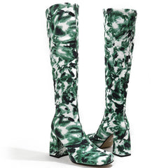 Square Toe Printed Fabric Chunky Heeled Boots Newgew