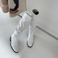 Square Toe Pleated Chunky Heeled Boots Newgew