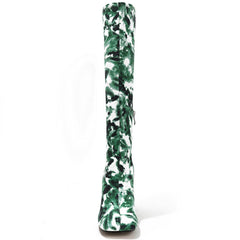 Square Toe Printed Fabric Chunky Heeled Boots Newgew