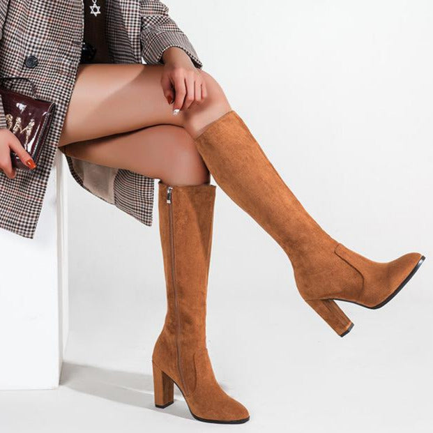 Chunky High heeled Retro Side Zip Over Knees Boots Newgew