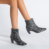 Pointed Toe Chunky Heel Snake Print Low Boots Newgew