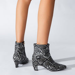 Pointed Toe Chunky Heel Snake Print Low Boots Newgew
