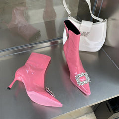 Rhinestone Zipper Heeled Boots Newgew
