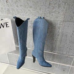 Denim Pointed Toe High Heeled Western Cowboy Boots Newgew