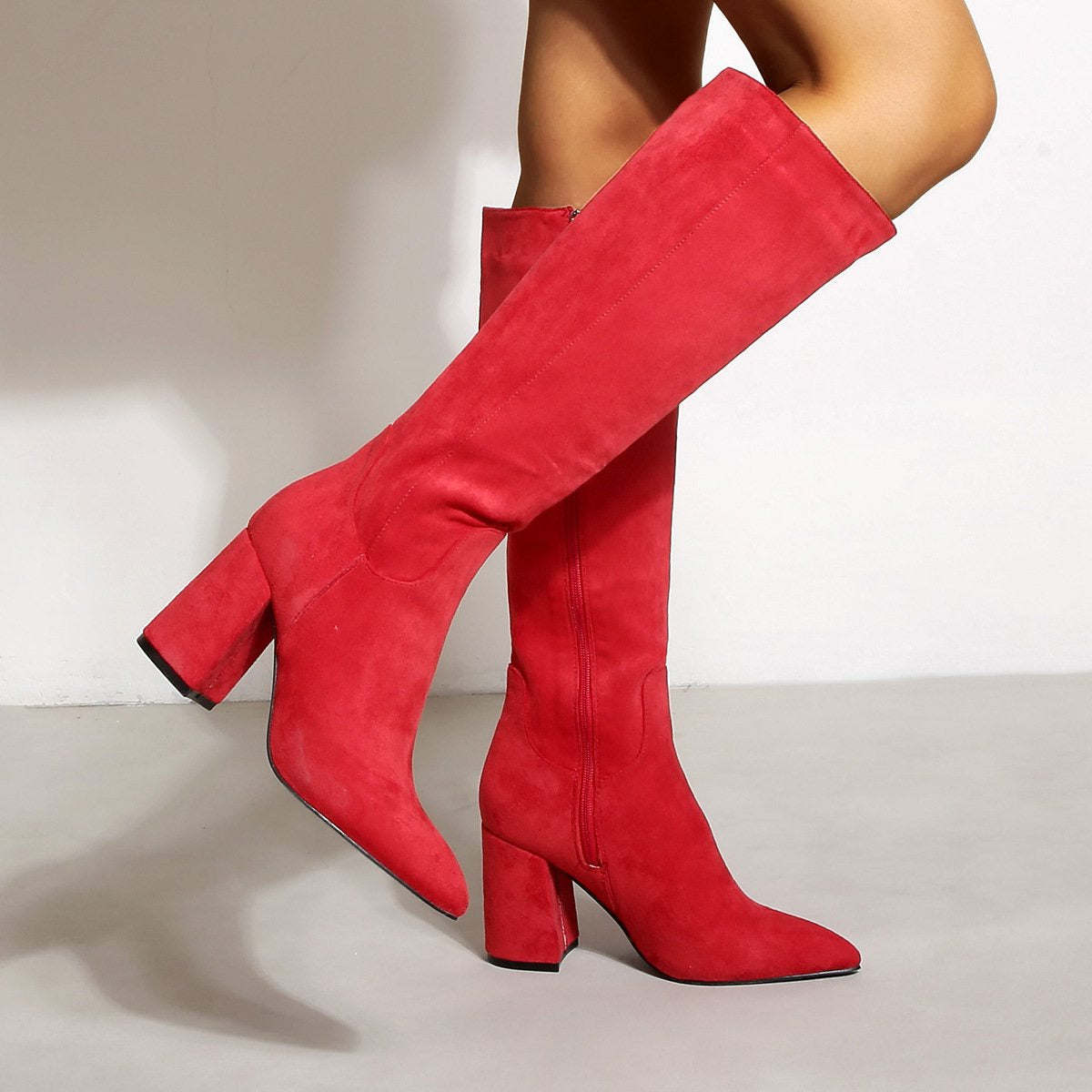 Chunky Heels Pointed Toes High Suede Boots Newgew
