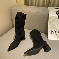 Chunky Heeled Pointed Toe Mid-calf Boots Newgew