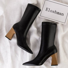 Wood Grain Pointed Toes Thick Heels Ankle Boots Newgew
