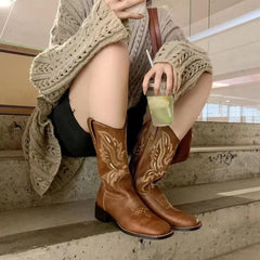Retro Square Toe Western Cowboy Boots Newgew