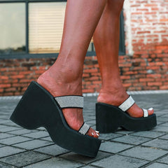 Rhinestones Wedge Thick Heeled Square Toe Sandals Newgew