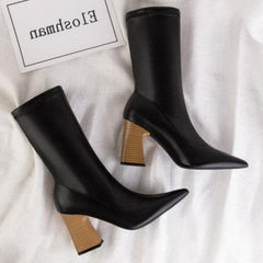 Wood Grain Pointed Toes Thick Heels Ankle Boots Newgew