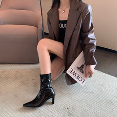 Patent Leather Pointed Toe Mid-thigh High Heel Boots Newgew