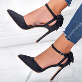 Suede Bow Decor Stiletto Heeled Ankle Strap Pumps Newgew