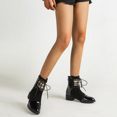 Lace-up Round Toe Low Heeled Back Zipper Boots Newgew
