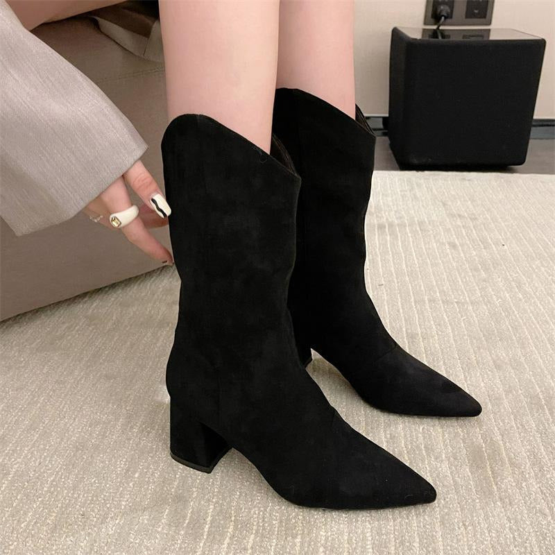 Chunky Heeled Pointed Toe Mid-calf Boots Newgew