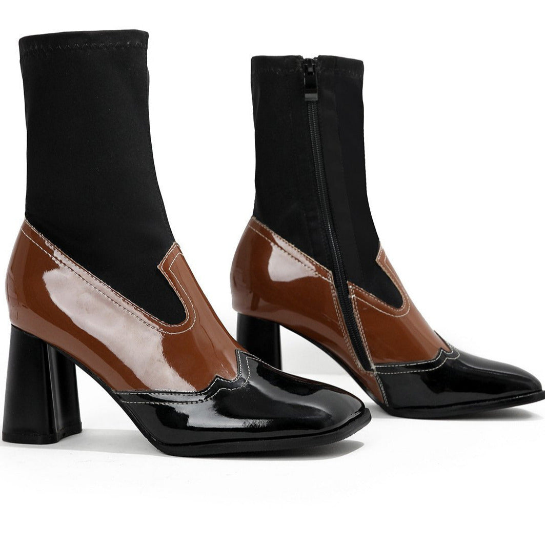 Splicing Thick Heel Square Toe Mid-calf Sock Boots Newgew