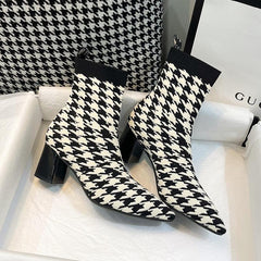 Fly-knit Pointed Toe Chunky Heel Sock Boots Newgew