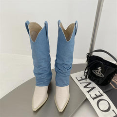 Western Denim Spliced High Boots Newgew