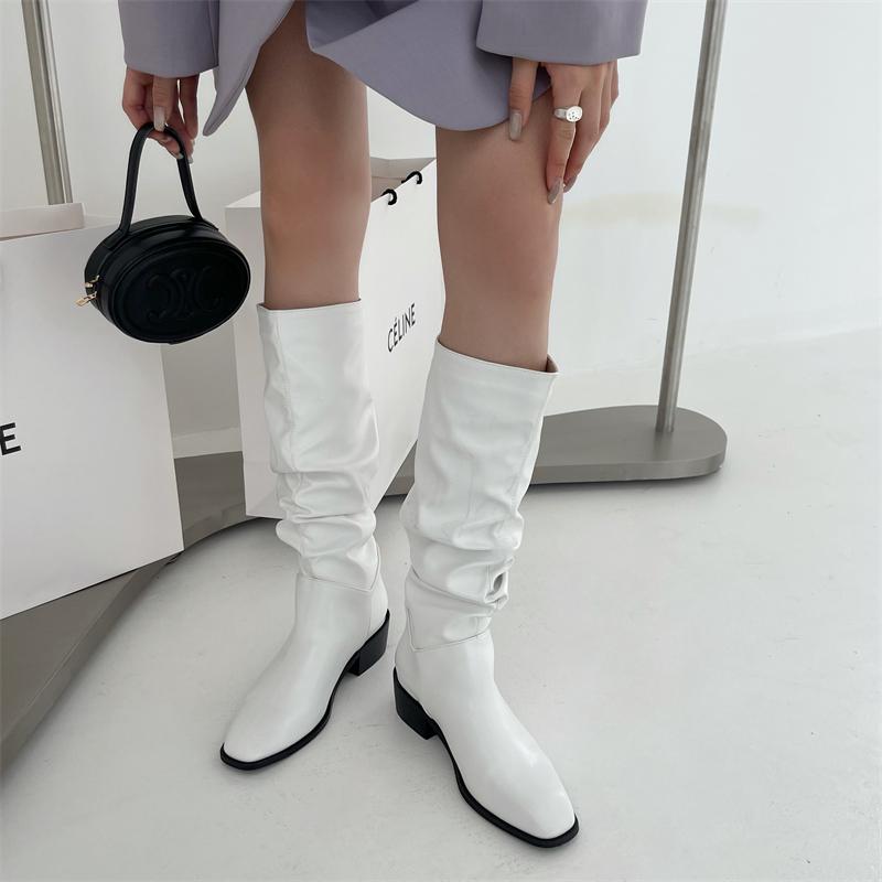 Square Toe Pleated Chunky Heeled Boots Newgew