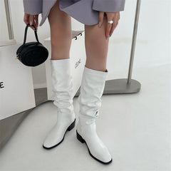 Square Toe Pleated Chunky Heeled Boots Newgew