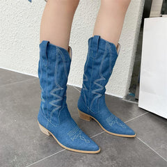 Retro Pointed Toe Chunky Embroidered Western Cowboy Boots Newgew