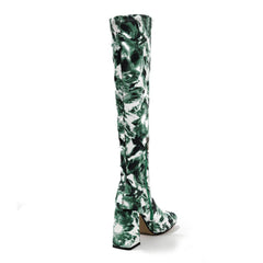 Square Toe Printed Fabric Chunky Heeled Boots Newgew