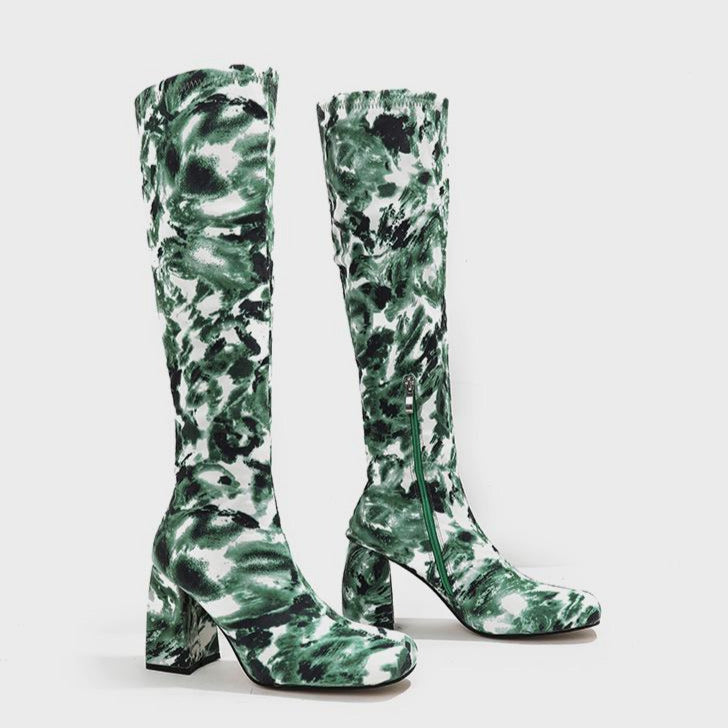 Square Toe Printed Fabric Chunky Heeled Boots Newgew