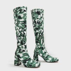 Square Toe Printed Fabric Chunky Heeled Boots Newgew