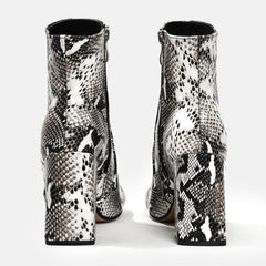 Square Toe Thick Heeled Crocodile Print Mid-calf Boots Newgew