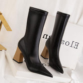 Wood Grain Pointed Toes Thick Heels Ankle Boots Newgew