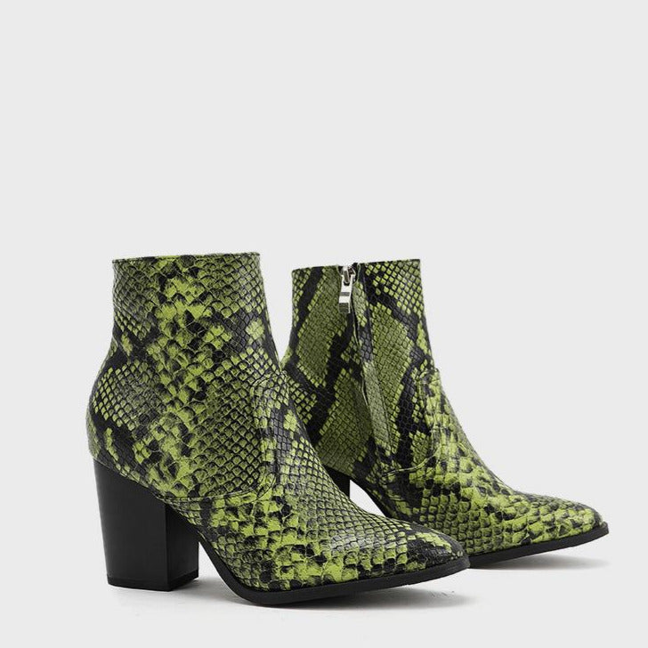 Snake Print Pattern Side Zipper Thick Heeled Boots Newgew
