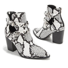 Snake Print Belt Buckle Pointed Toe Short Boots Newgew