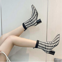 Fly-knit Pointed Toe Chunky Heel Sock Boots Newgew