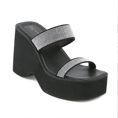Rhinestones Wedge Thick Heeled Square Toe Sandals Newgew