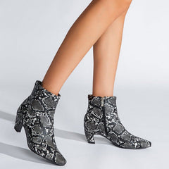 Pointed Toe Chunky Heel Snake Print Low Boots Newgew
